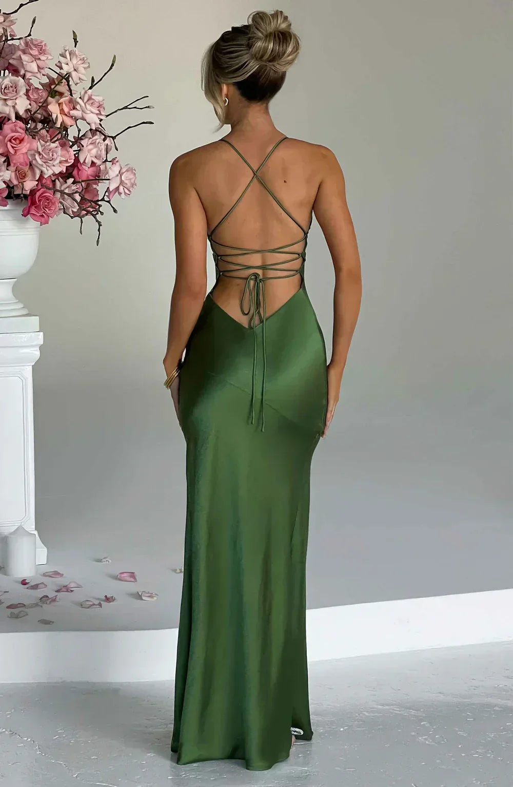 Green Satin Maxi Dress with V Neck and Open Tie Back