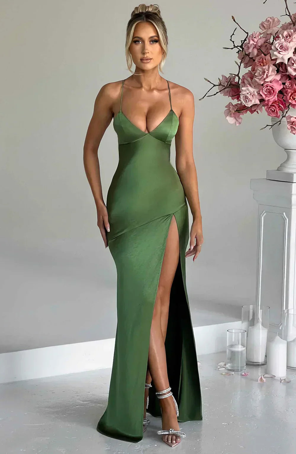 Green Satin Maxi Dress with V Neck and Open Tie Back