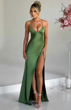 Green Satin Maxi Dress with V Neck and Open Tie Back