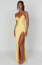 Yellow Satin Maxi Dress with V Neck and Open Tie Back