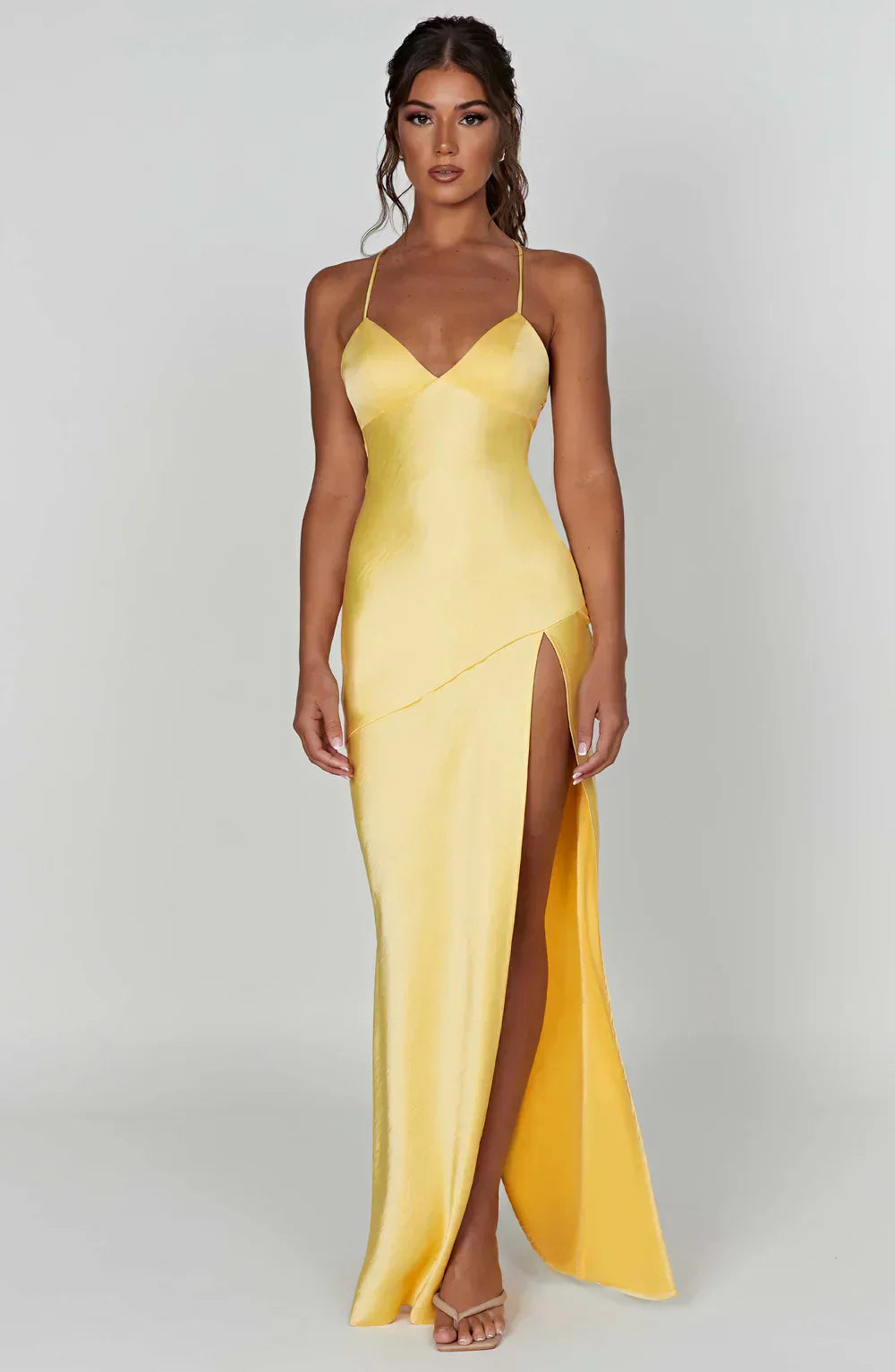 Yellow Satin Maxi Dress with V Neck and Open Tie Back