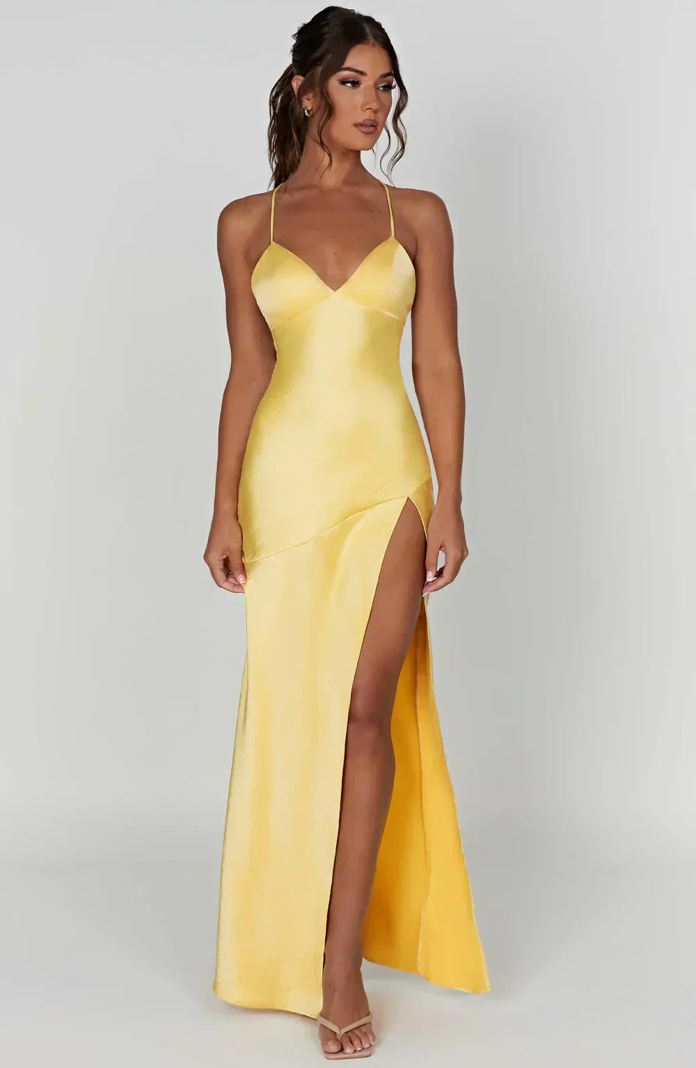 Yellow Satin Maxi Dress with V Neck and Open Tie Back