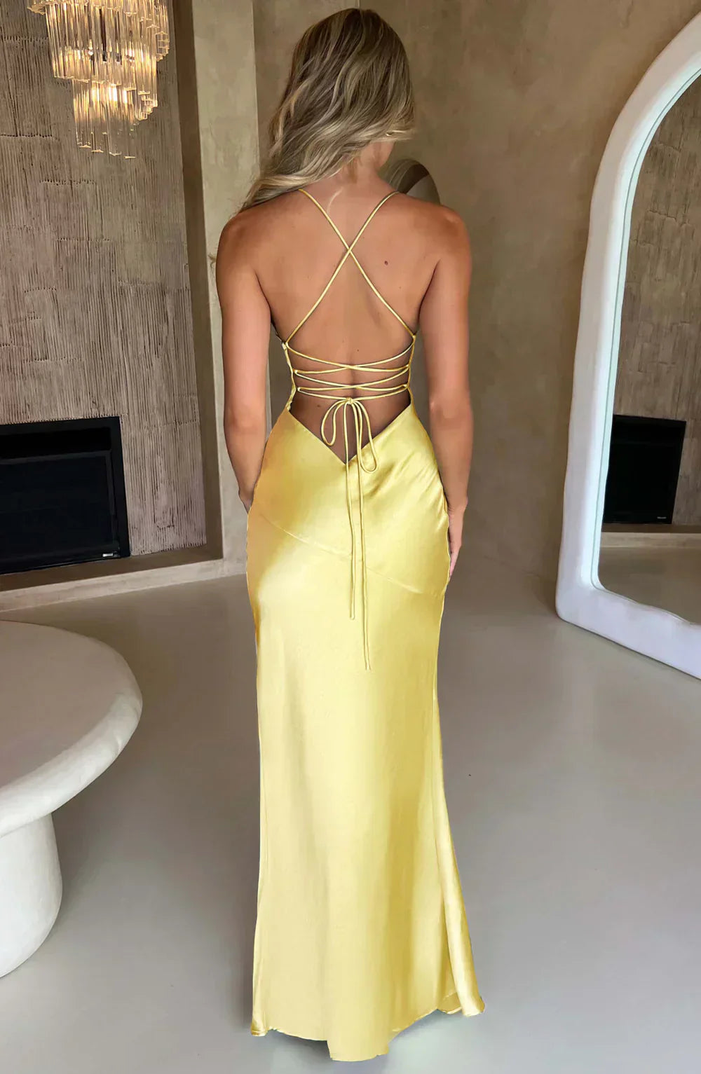 Yellow Satin Maxi Dress with V Neck and Open Tie Back