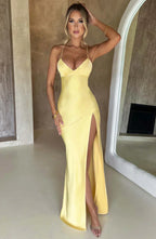 Yellow Satin Maxi Dress with V Neck and Open Tie Back