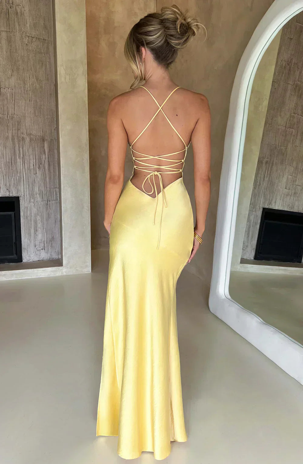 Yellow Satin Maxi Dress with V Neck and Open Tie Back