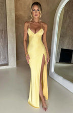 Yellow Satin Maxi Dress with V Neck and Open Tie Back