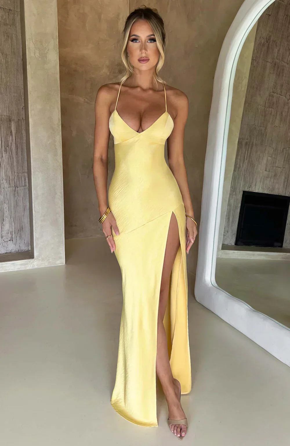 Yellow Satin Maxi Dress with V Neck and Open Tie Back