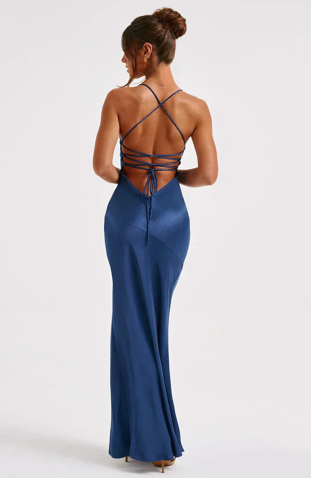 Navy Satin Maxi Dress with V Neck and Open Tie Back