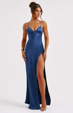 Navy Satin Maxi Dress with V Neck and Open Tie Back
