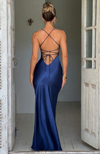 Navy Satin Maxi Dress with V Neck and Open Tie Back