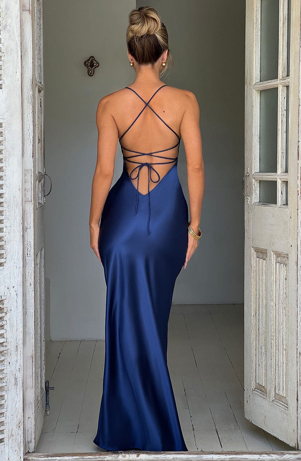 Navy Satin Maxi Dress with V Neck and Open Tie Back