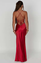 Red Satin Maxi Dress with V Neck and Open Tie Back