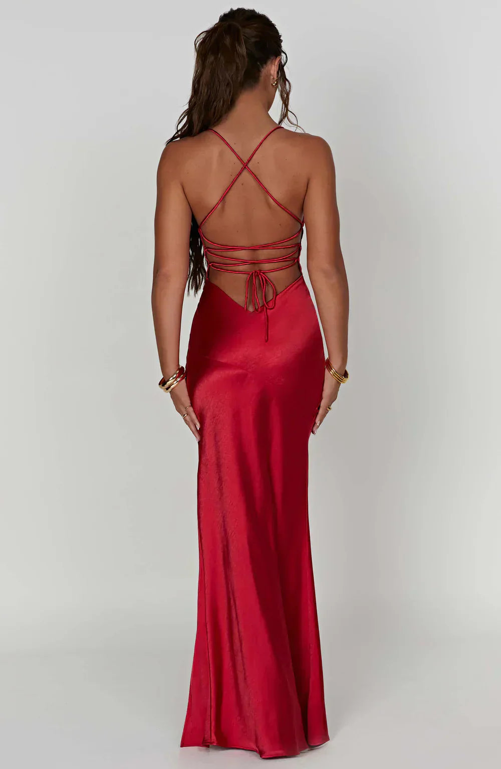 Red Satin Maxi Dress with V Neck and Open Tie Back