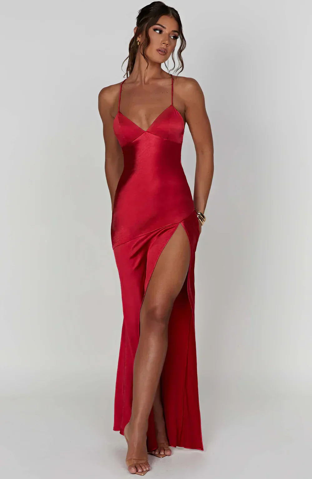 Red Satin Maxi Dress with V Neck and Open Tie Back