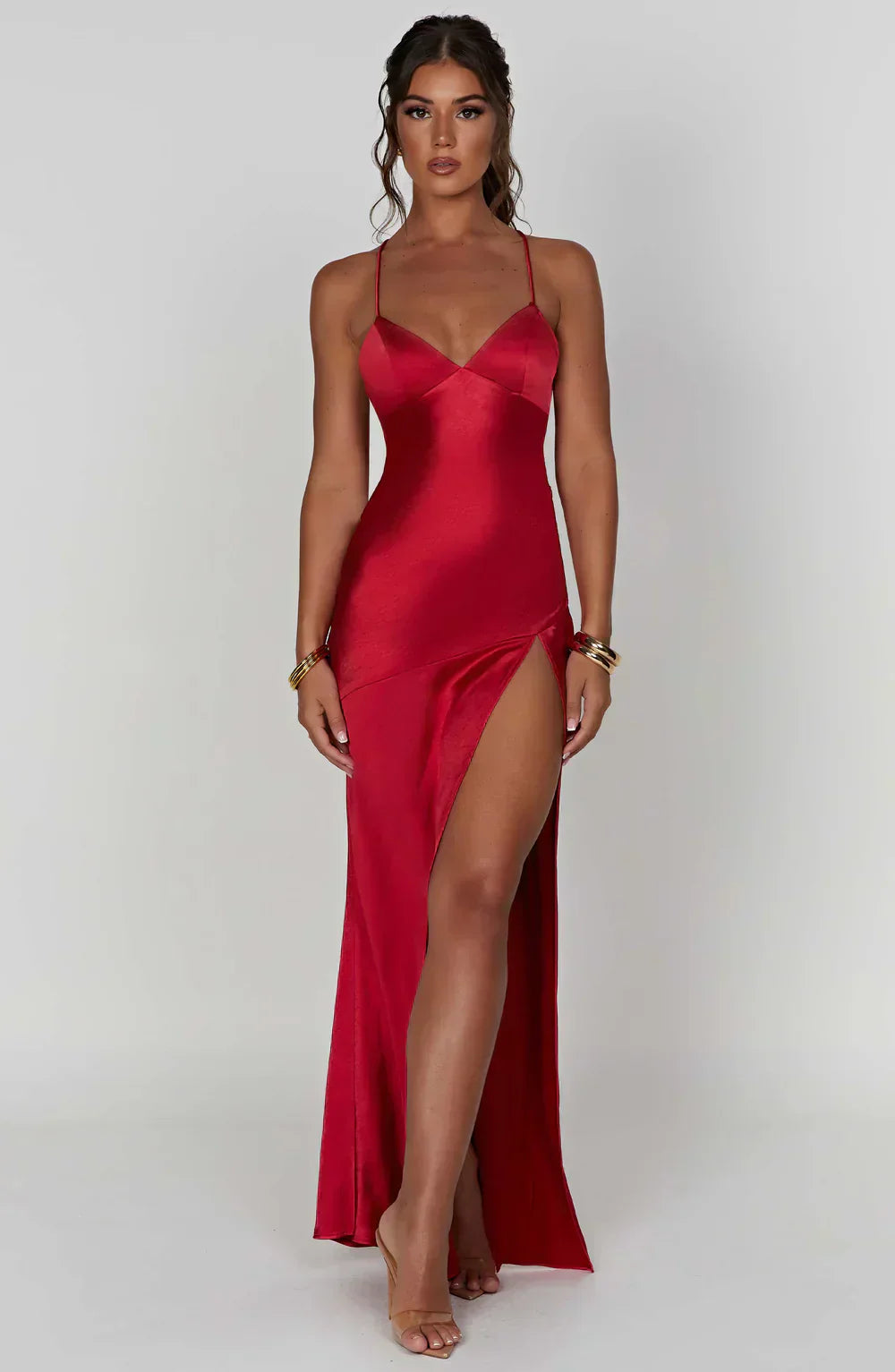 Red Satin Maxi Dress with V Neck and Open Tie Back