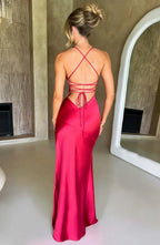 Red Satin Maxi Dress with V Neck and Open Tie Back