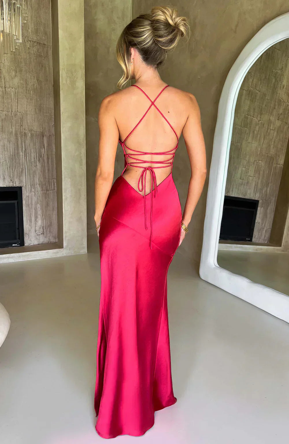 Red Satin Maxi Dress with V Neck and Open Tie Back