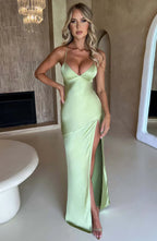 Green Satin Maxi Dress with V Neck and Open Tie Back