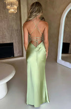 Green Satin Maxi Dress with V Neck and Open Tie Back