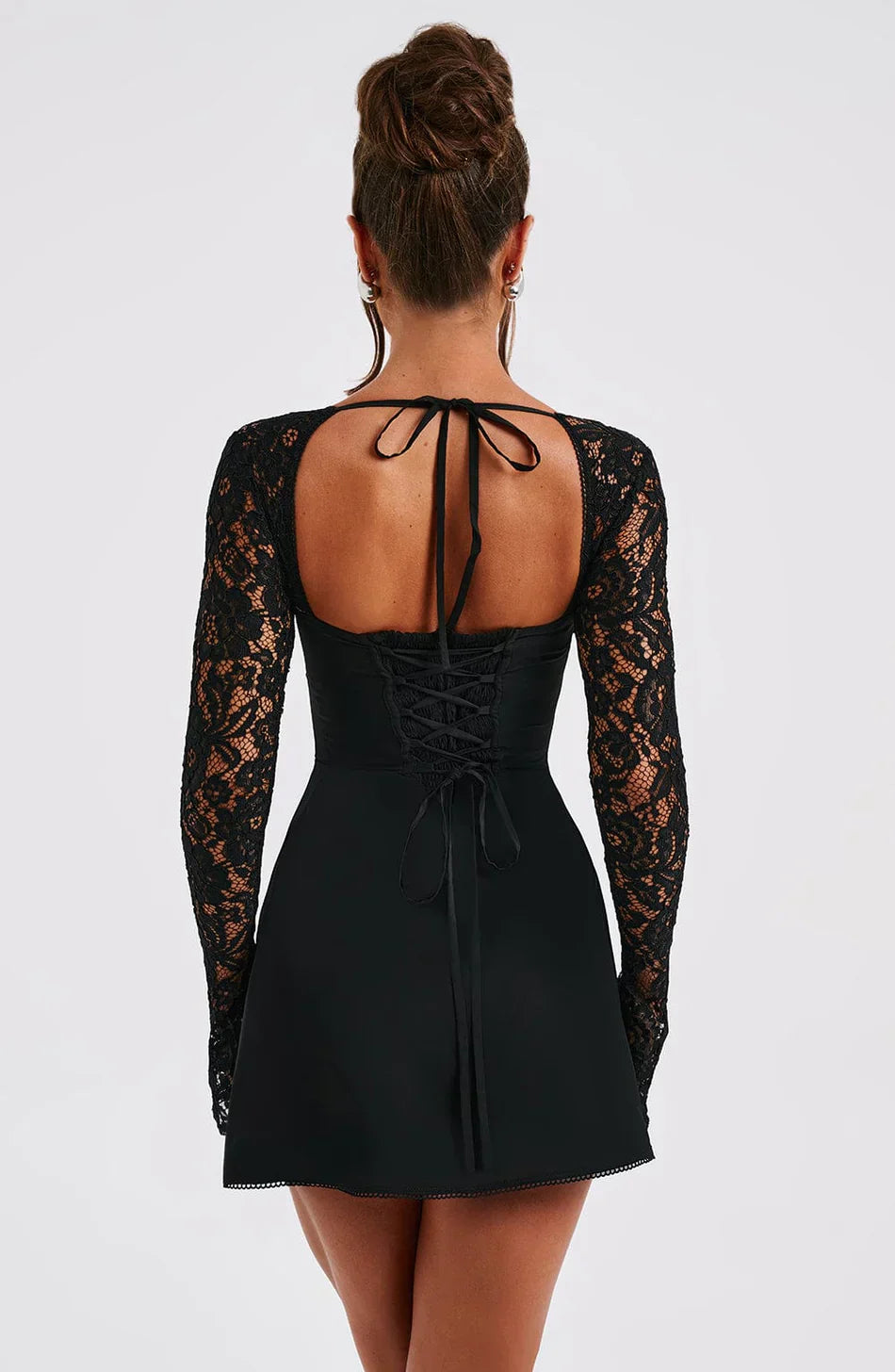 Black Lace Mini Dress with Sheer Sleeves