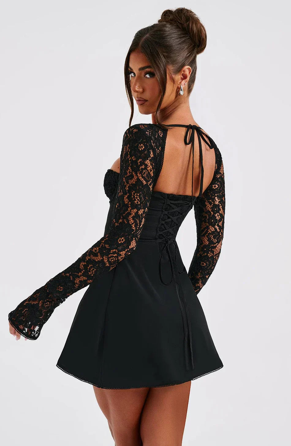 Black Lace Mini Dress with Sheer Sleeves
