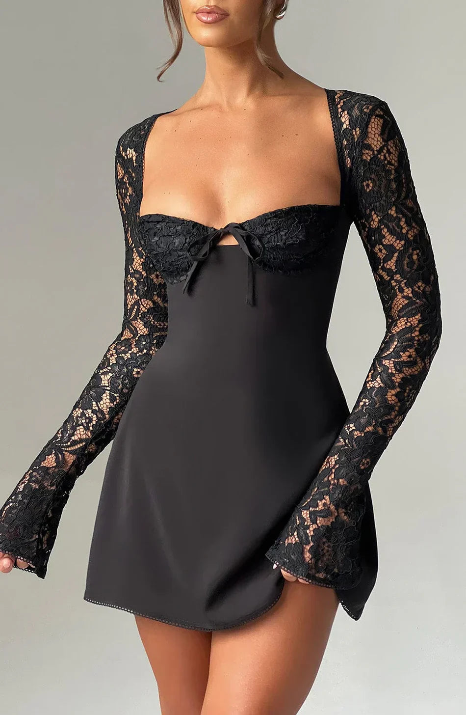 Black Lace Mini Dress with Sheer Sleeves
