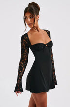 Black Lace Mini Dress with Sheer Sleeves