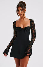 Black Lace Mini Dress with Sheer Sleeves