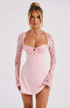 Pink Lace Mini Dress with Sheer Sleeves