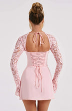 Pink Lace Mini Dress with Sheer Sleeves