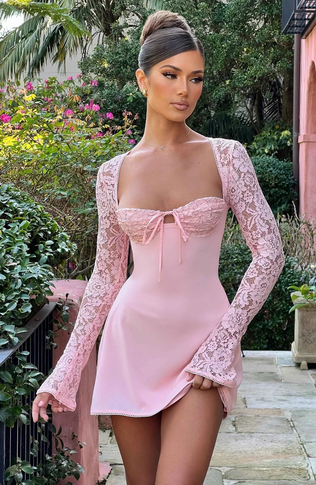Pink Lace Mini Dress with Sheer Sleeves