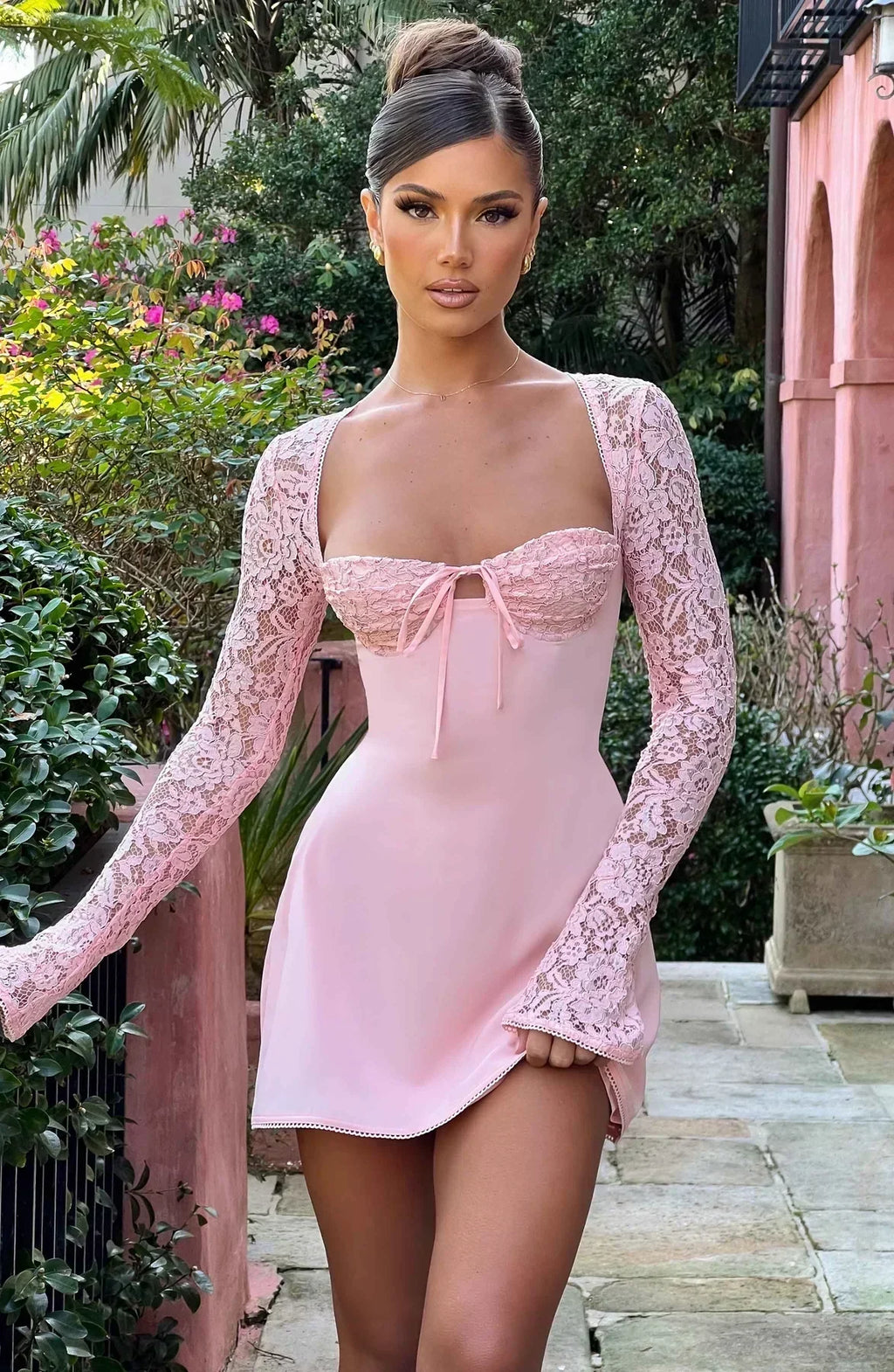 Pink Lace Mini Dress with Sheer Sleeves
