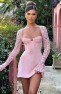 Pink Lace Mini Dress with Sheer Sleeves