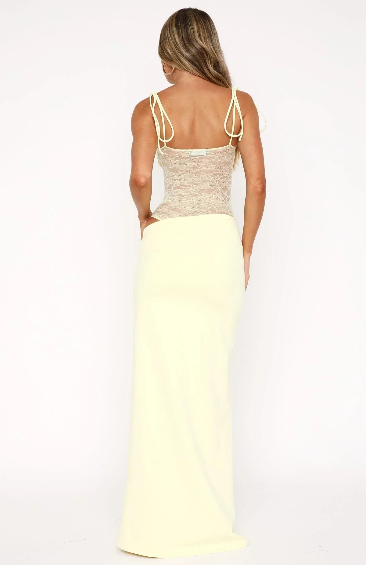 Yellow Lace Maxi Dress with Cut Out Detail and Adjustable Straps