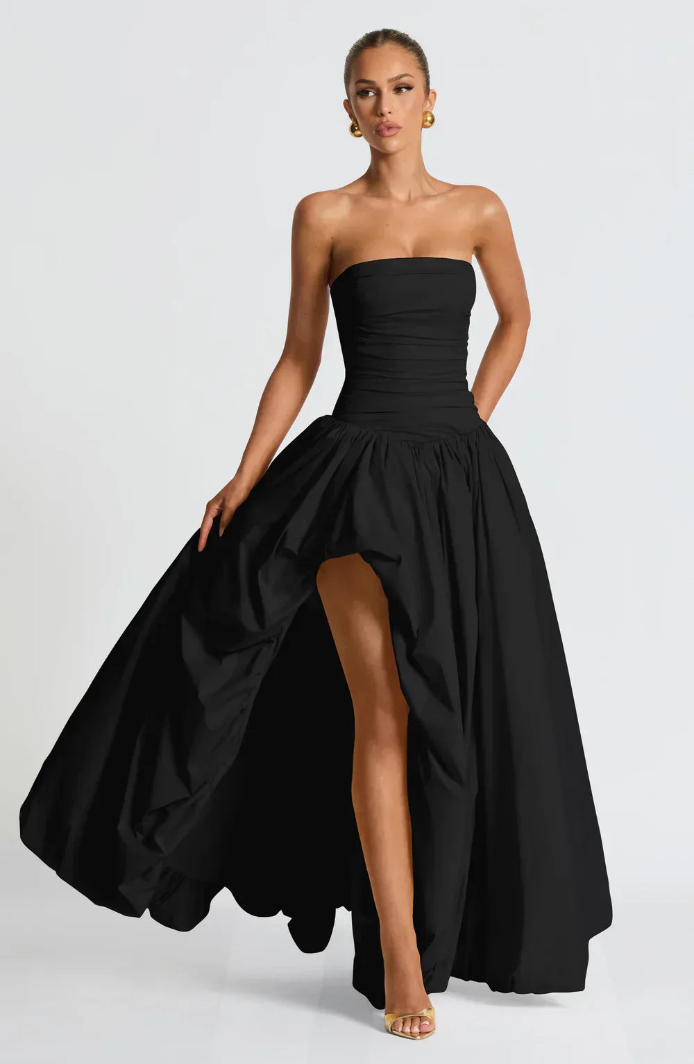 Black Strapless Maxi Dress with Puffball Skirt