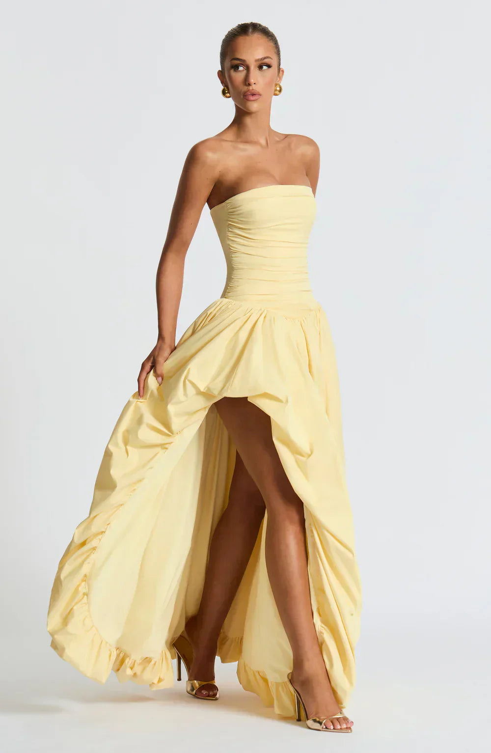 Yellow Strapless Maxi Dress with Puffball Skirt