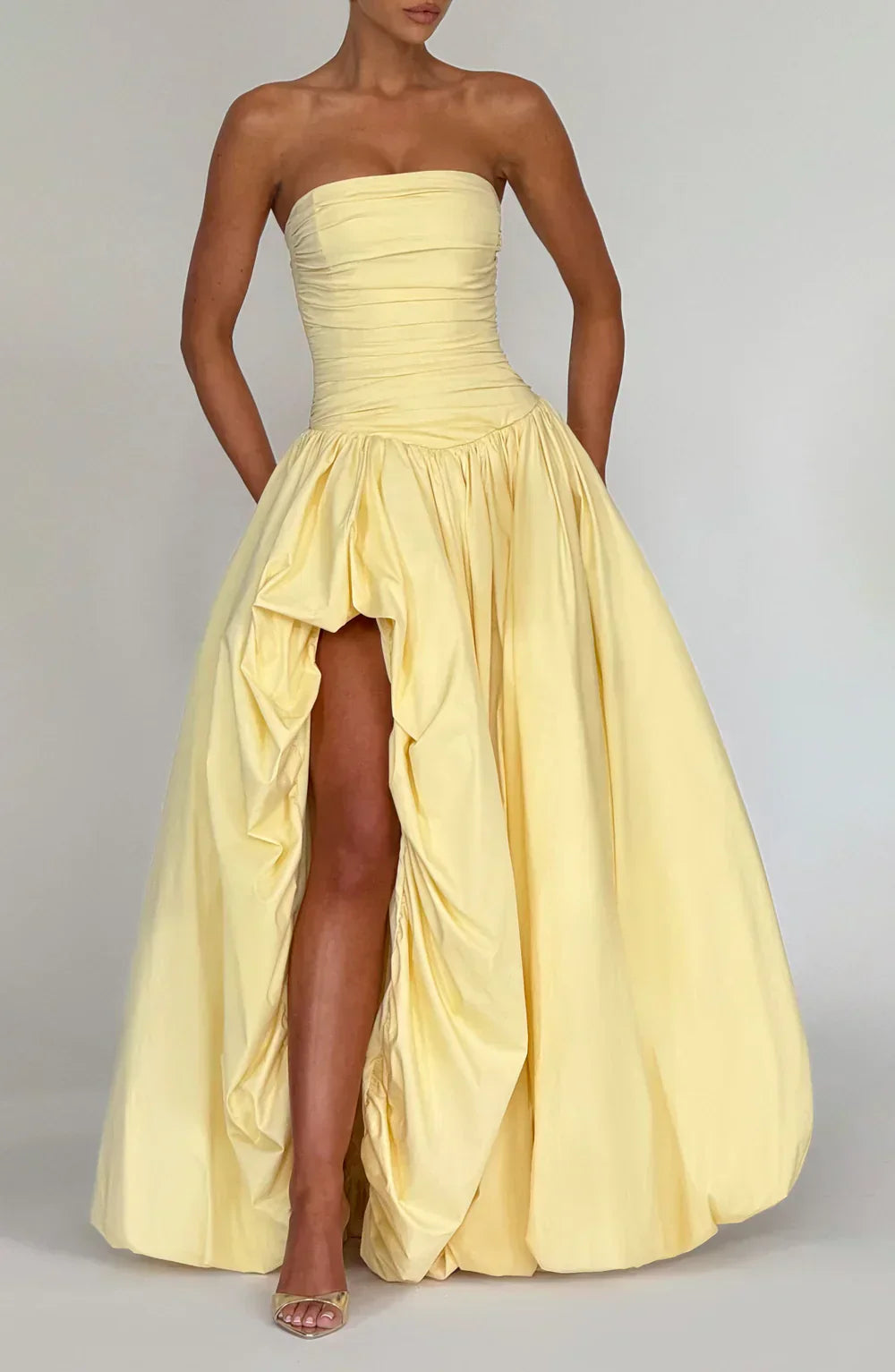 Yellow Strapless Maxi Dress with Puffball Skirt