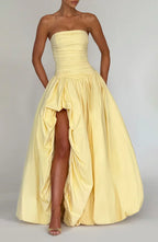 Yellow Strapless Maxi Dress with Puffball Skirt