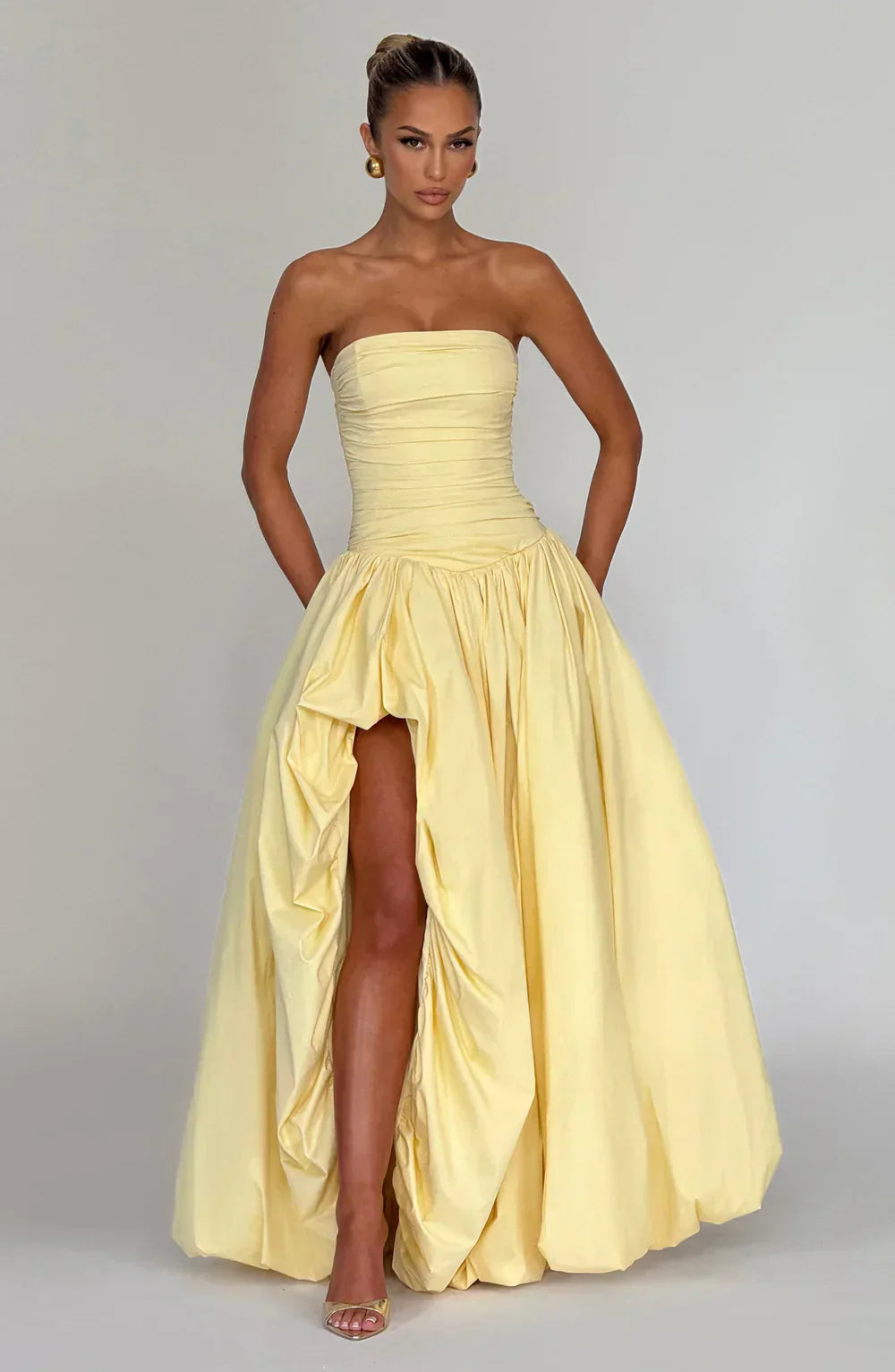 Yellow Strapless Maxi Dress with Puffball Skirt