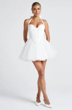 White Mini Dress with Corset Bodice and Tulle Skirt