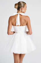 White Mini Dress with Corset Bodice and Tulle Skirt