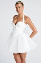 White Mini Dress with Corset Bodice and Tulle Skirt