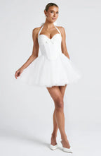 White Mini Dress with Corset Bodice and Tulle Skirt