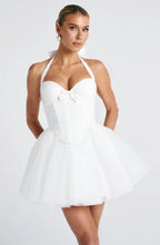 White Mini Dress with Corset Bodice and Tulle Skirt