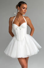 White Mini Dress with Corset Bodice and Tulle Skirt