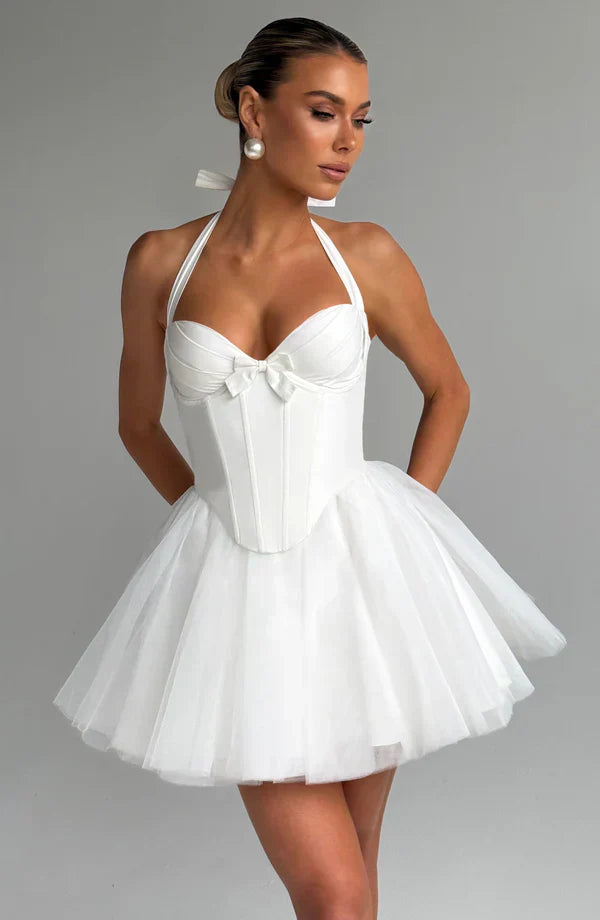 White Mini Dress with Corset Bodice and Tulle Skirt