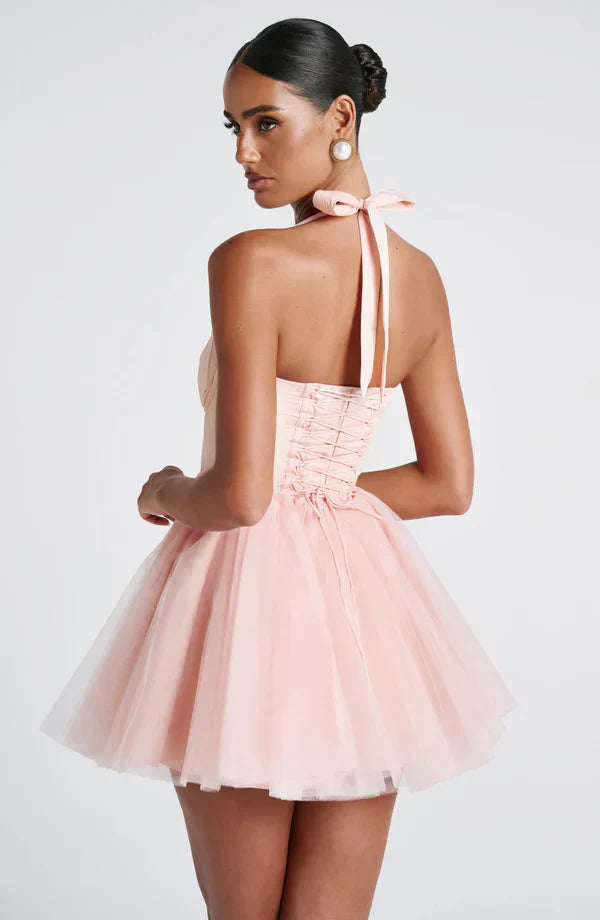 Pink Mini Dress with Corset Bodice and Tulle Skirt