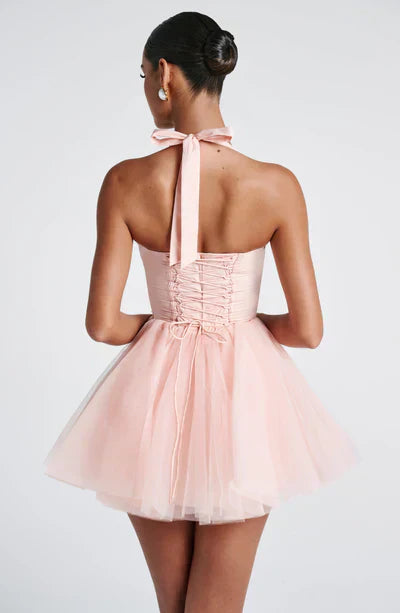 Pink Mini Dress with Corset Bodice and Tulle Skirt