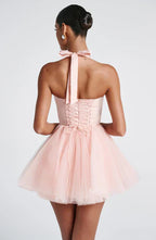 Pink Mini Dress with Corset Bodice and Tulle Skirt