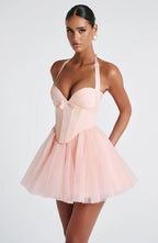 Pink Mini Dress with Corset Bodice and Tulle Skirt